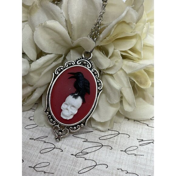 Silver Blk Red Gothic Crow Raven Rose Skull Wedding Party Jewelry necklace Cameo - Picture 1 of 13